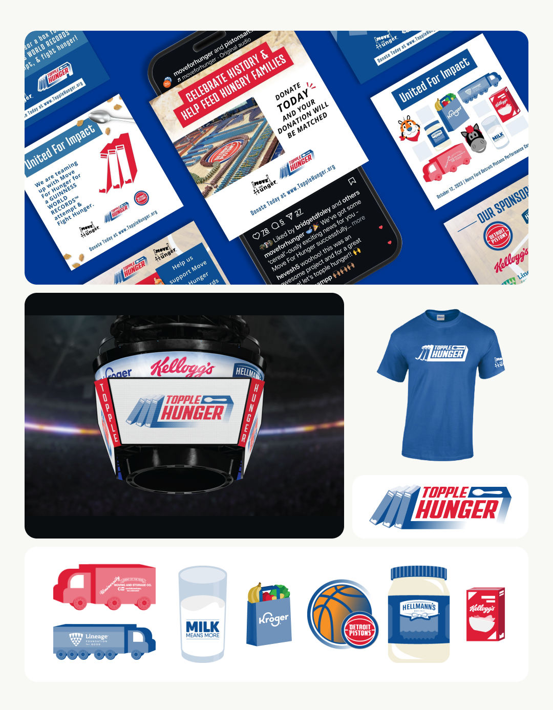 Topple Hunger 2023 brand board showing social graphics, arena signage, apparel, and sponsor illustrations
